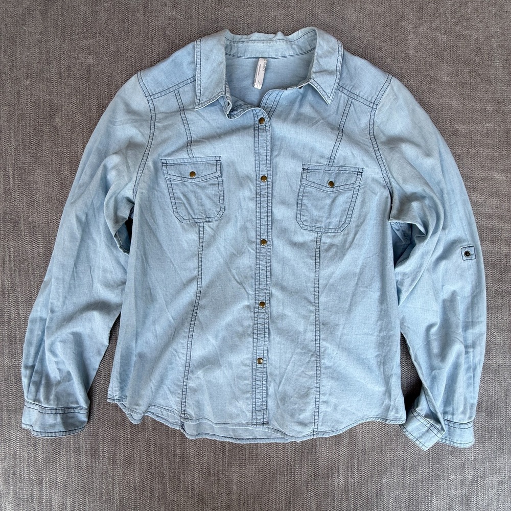 Old Navy Western Shirt Womens L Blue Chambray Long Sleeve Collared Snap Front
